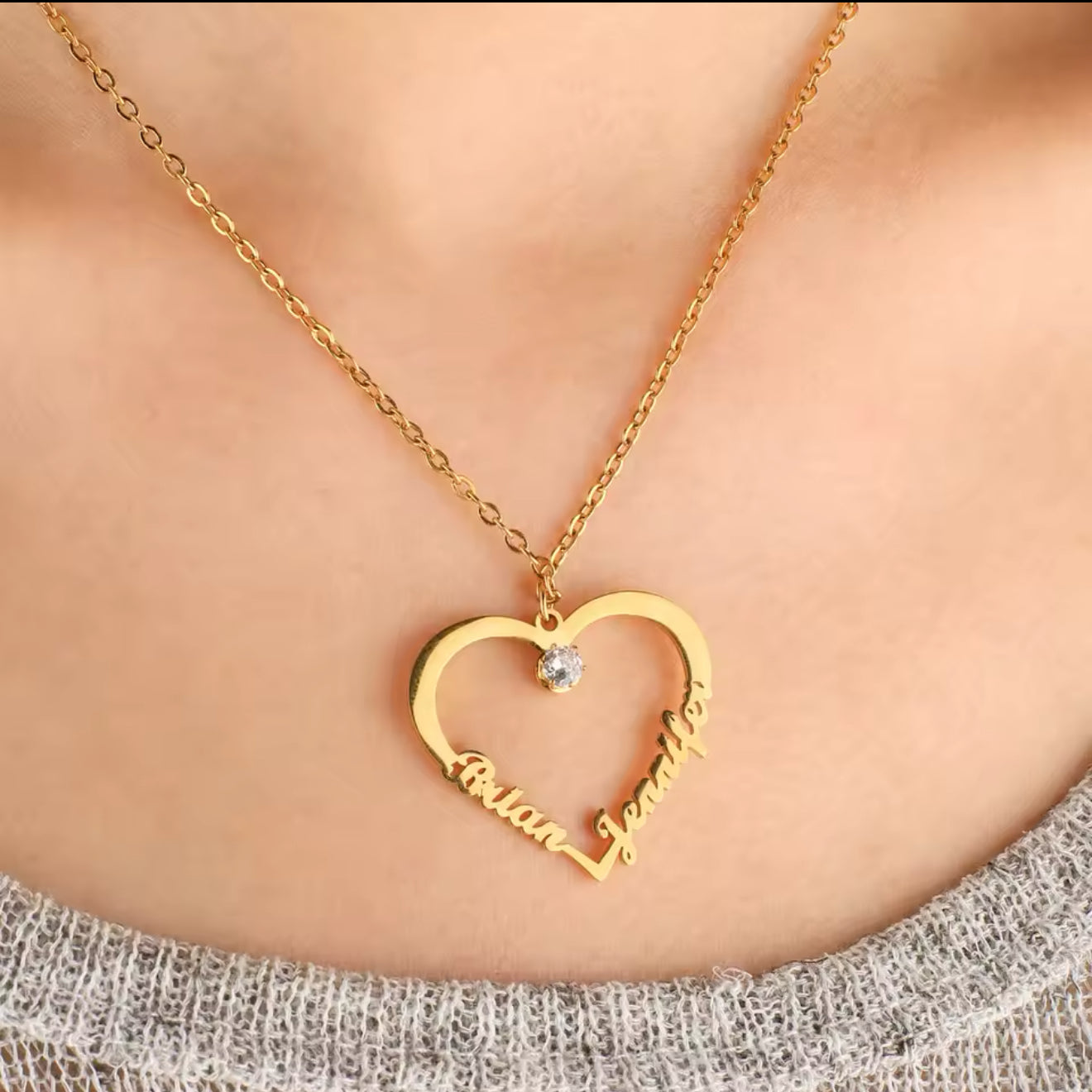 Personalized Heart Name Necklace – Custom Couples Name Pendant with CZ Stone