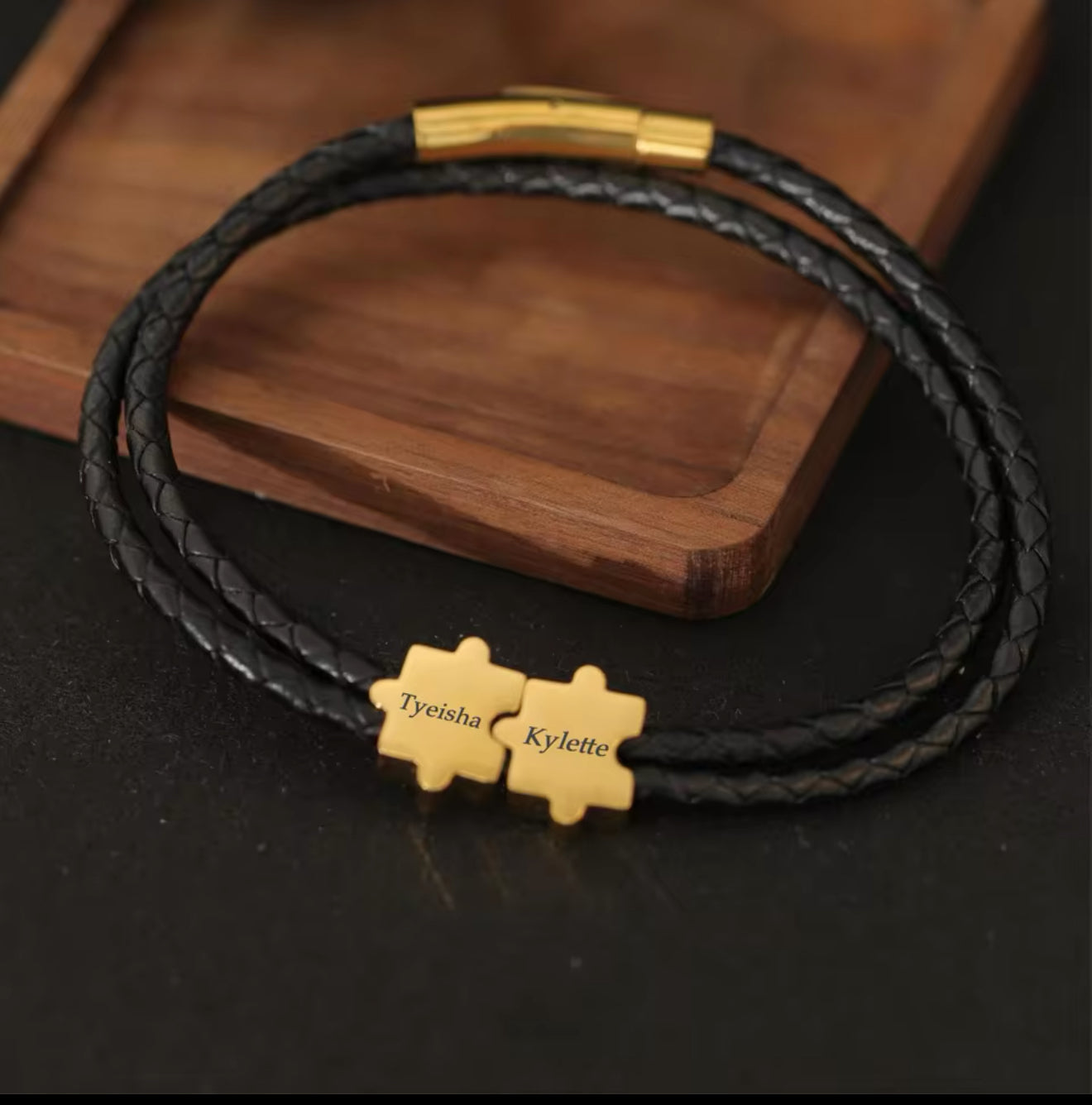 Personalized Puzzle Piece Leather Bracelet – Custom Name Engraved Couples Bracelet