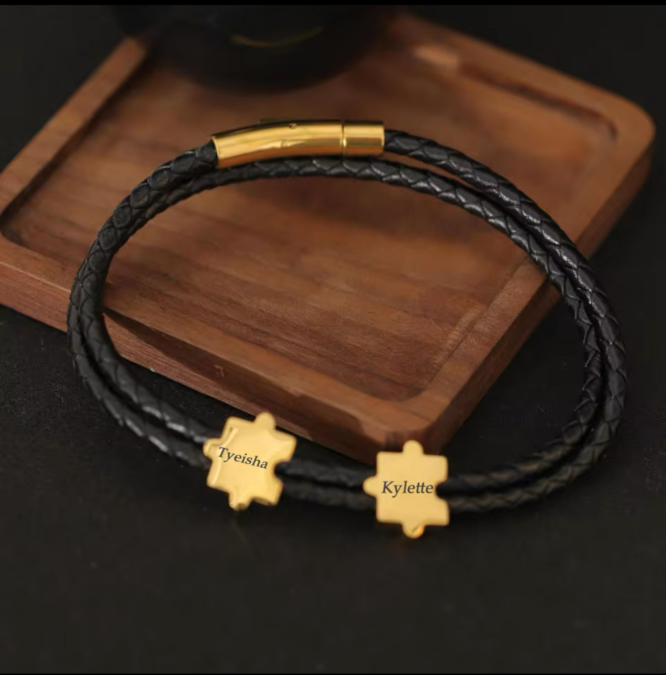 Personalized Puzzle Piece Leather Bracelet – Custom Name Engraved Couples Bracelet