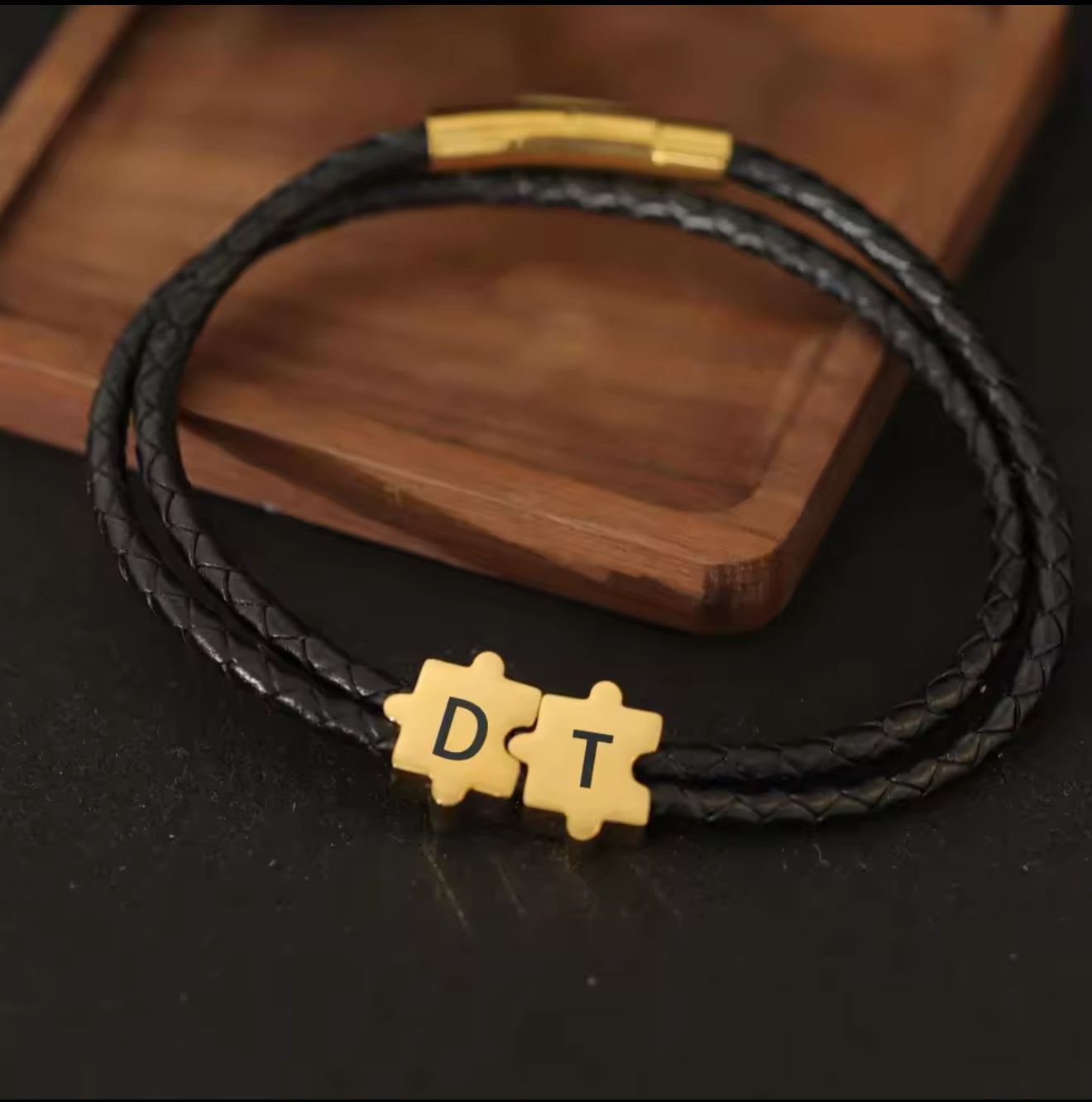 Personalized Puzzle Piece Leather Bracelet – Custom Name Engraved Couples Bracelet