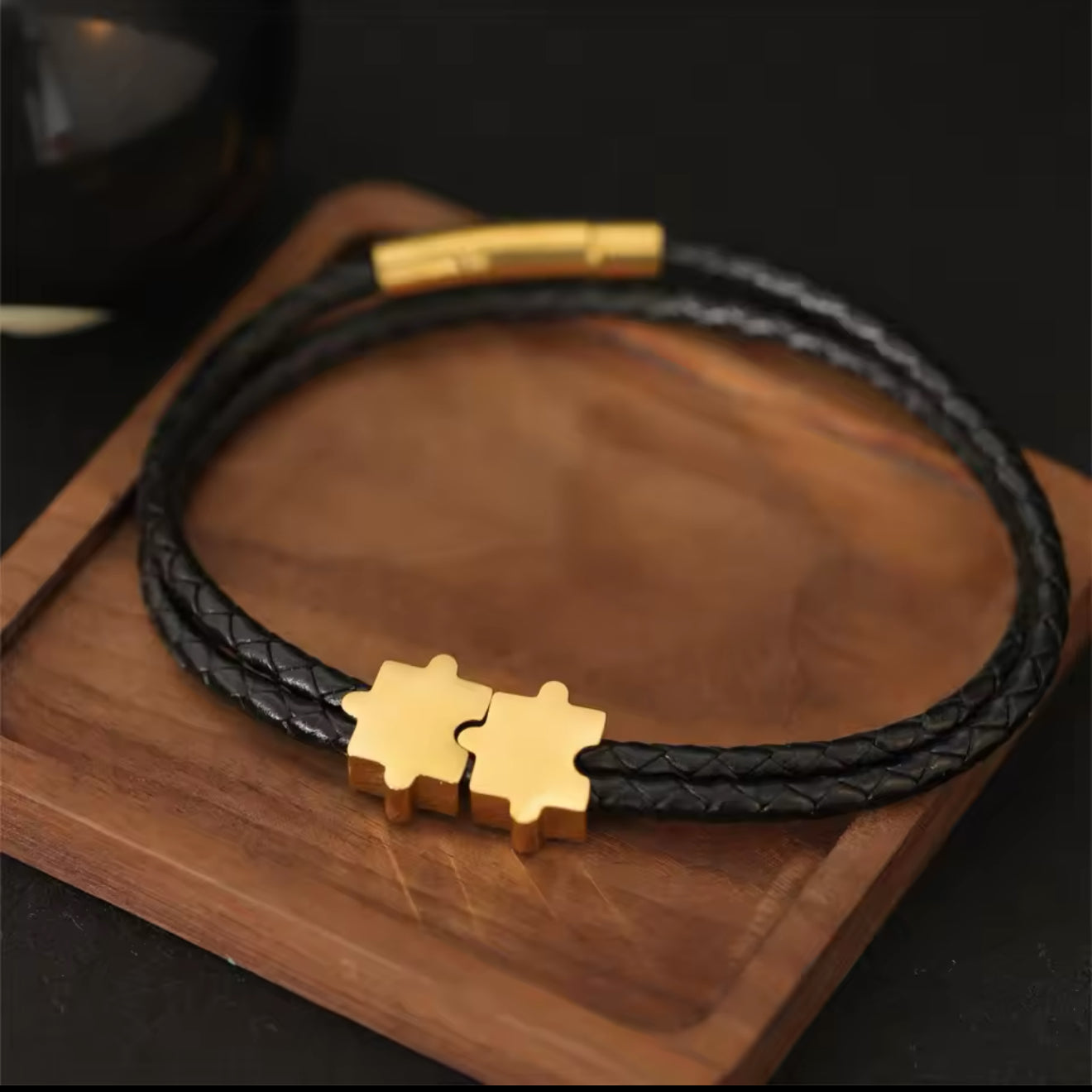 Personalized Puzzle Piece Leather Bracelet – Custom Name Engraved Couples Bracelet