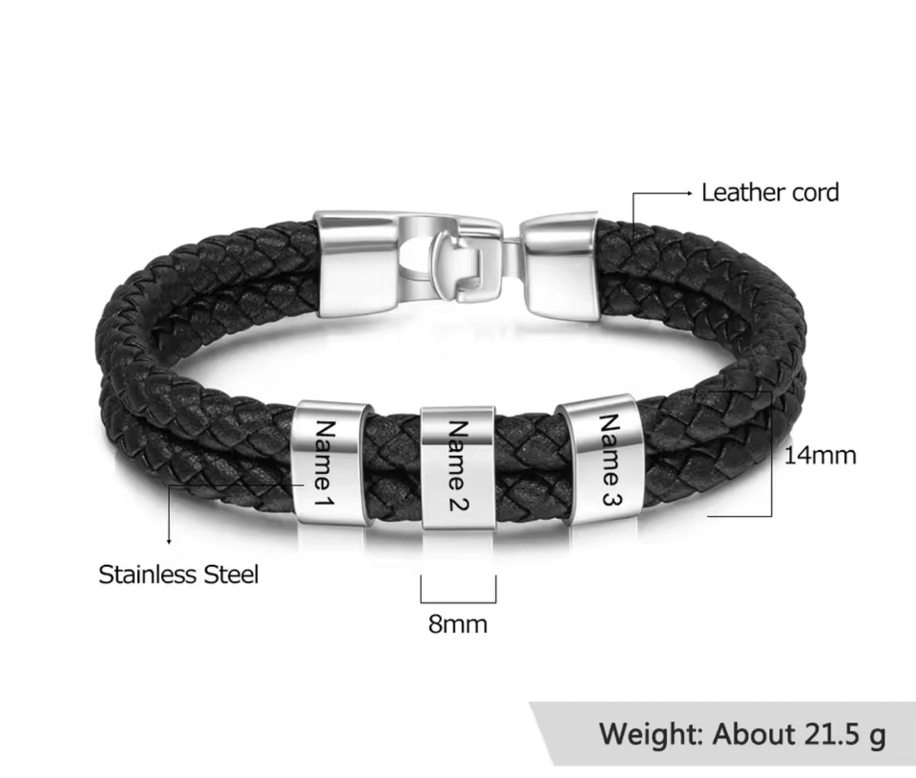 1-5 Personalized Braided Leather Bracelet – Custom Engraved Name Beads for Men