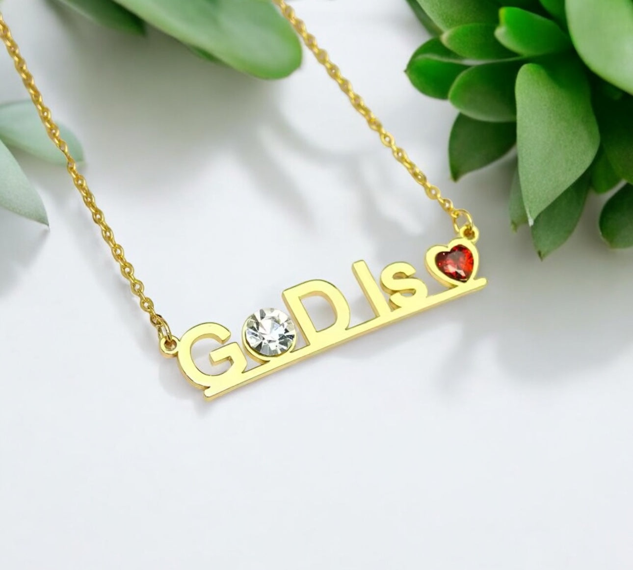 "God Is Love" 18K Gold Filled Necklace with CZ & Heart Gemstone – Faith-Inspired Jewelry