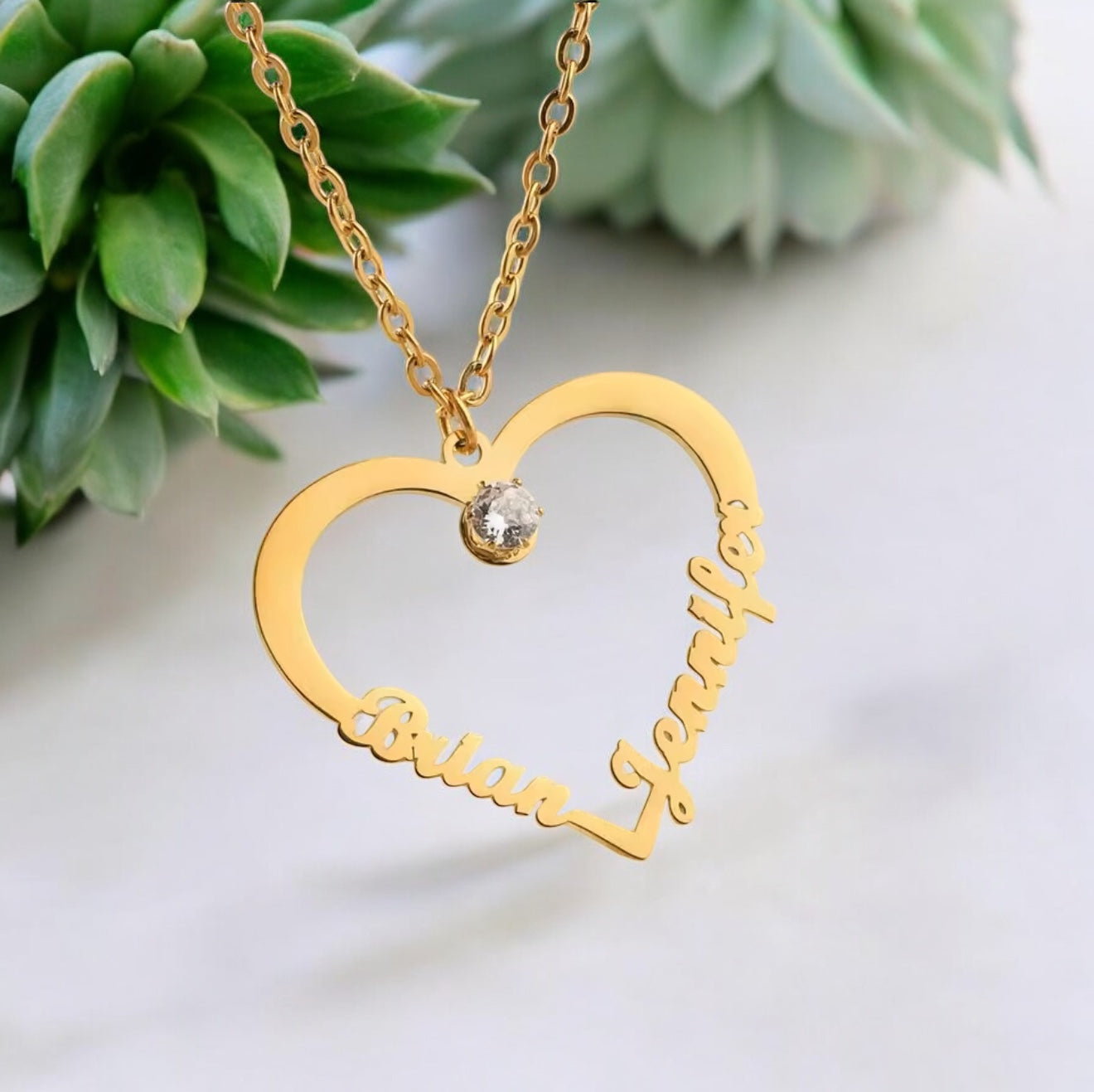 Personalized Heart Name Necklace – Custom Couples Name Pendant with CZ Stone