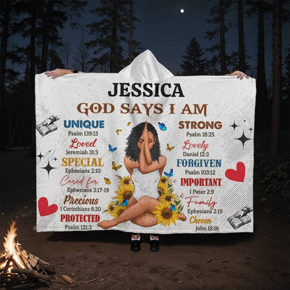 Personalized God Says I Am- Hooded Sherpa Fleece Blanket