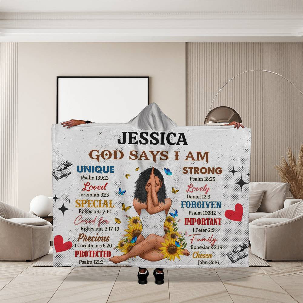 Personalized God Says I Am- Hooded Sherpa Fleece Blanket