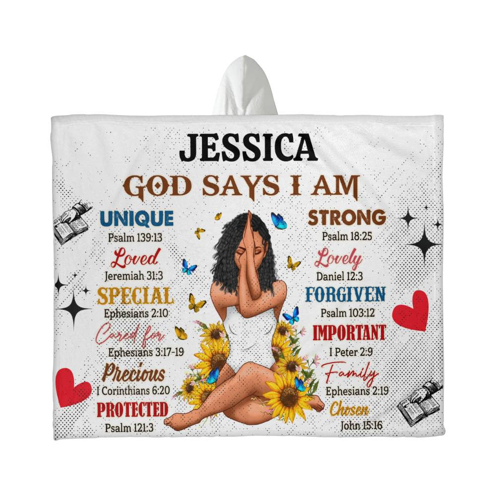 Personalized God Says I Am- Hooded Sherpa Fleece Blanket