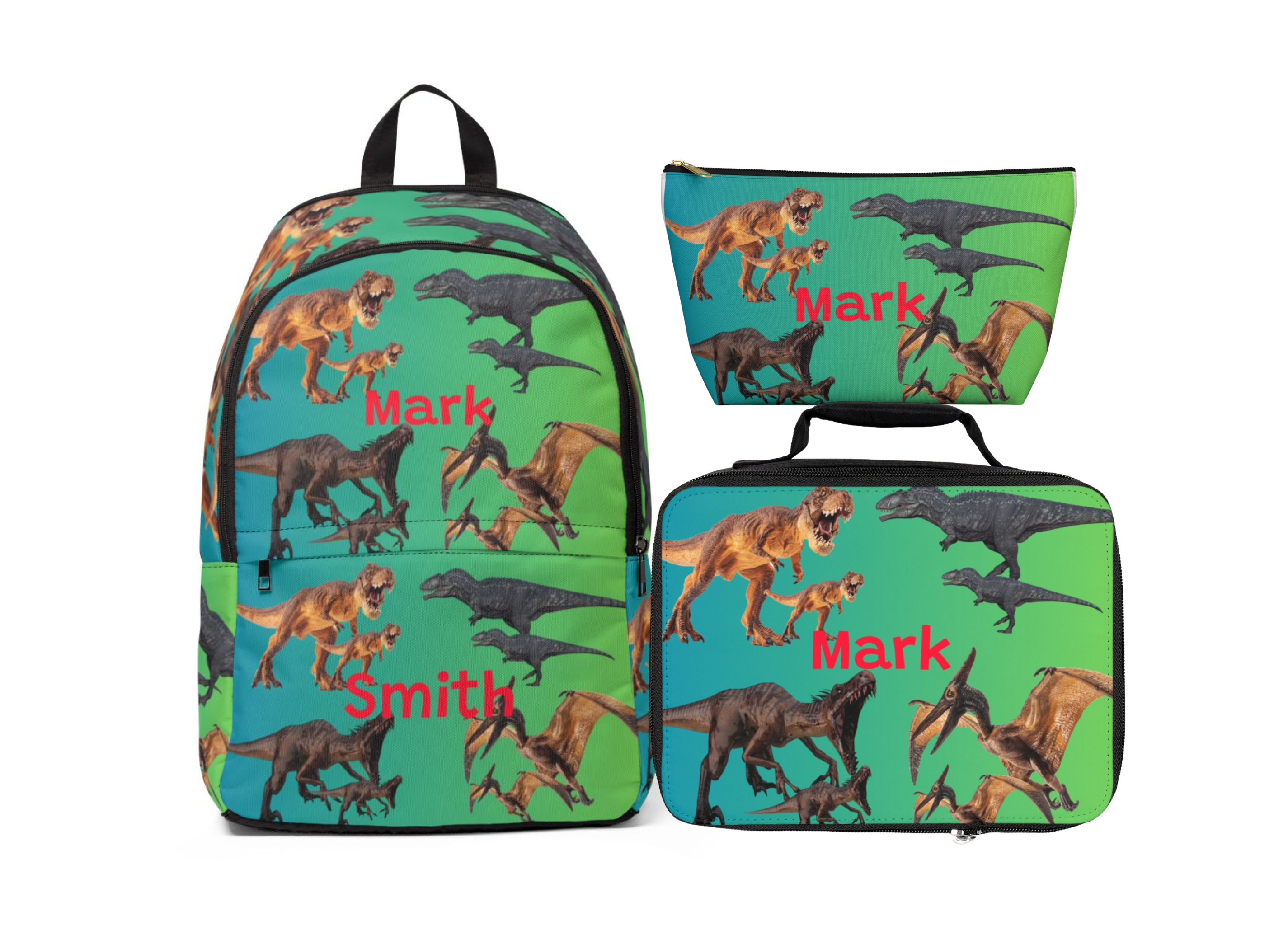 Personalized Kids School Backpack Lunch Bag Pencil Case- Dinosaur Event