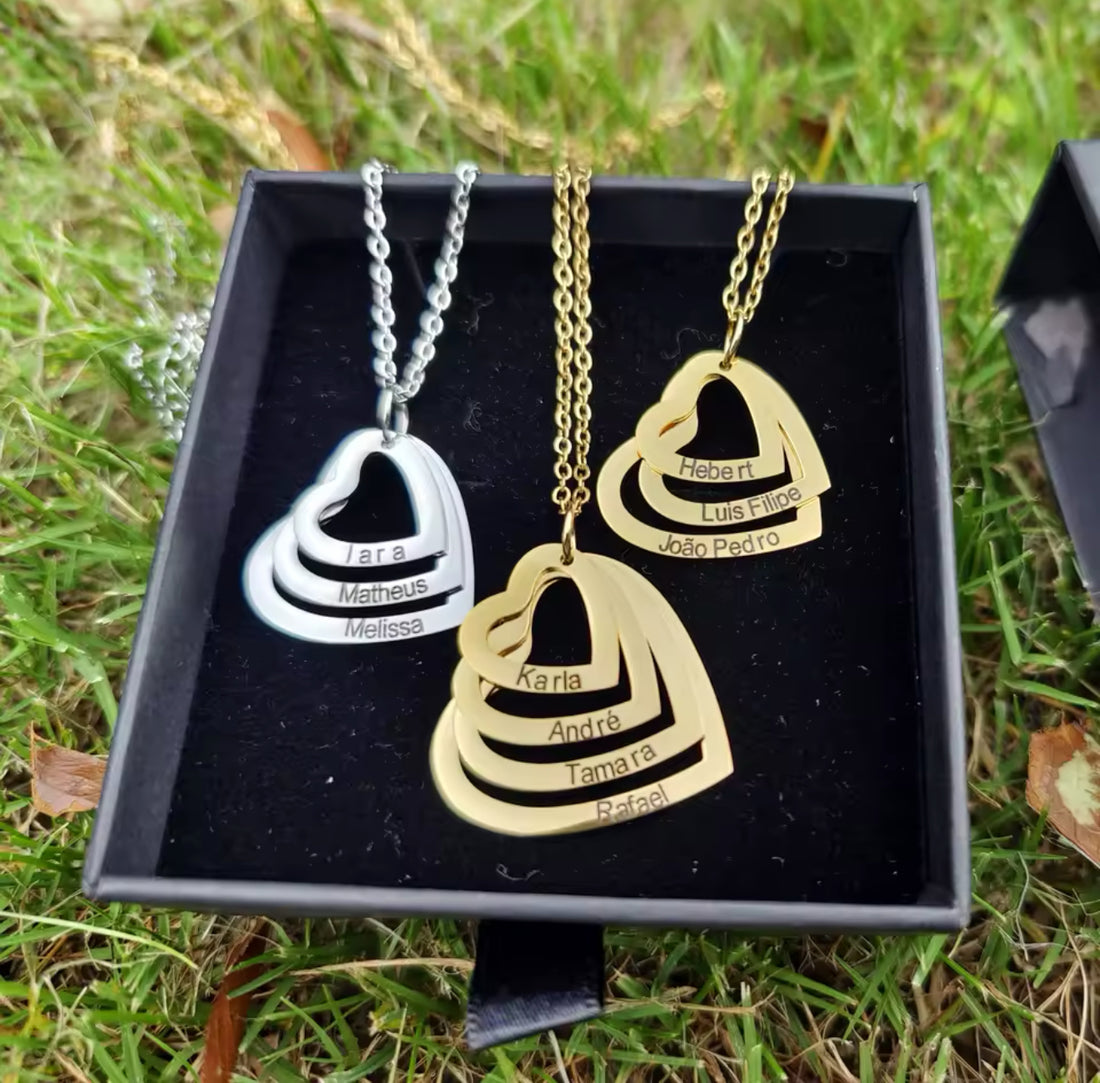1-6 Personalized Heart Layers Necklace – Custom Engraved Family Name Pendant