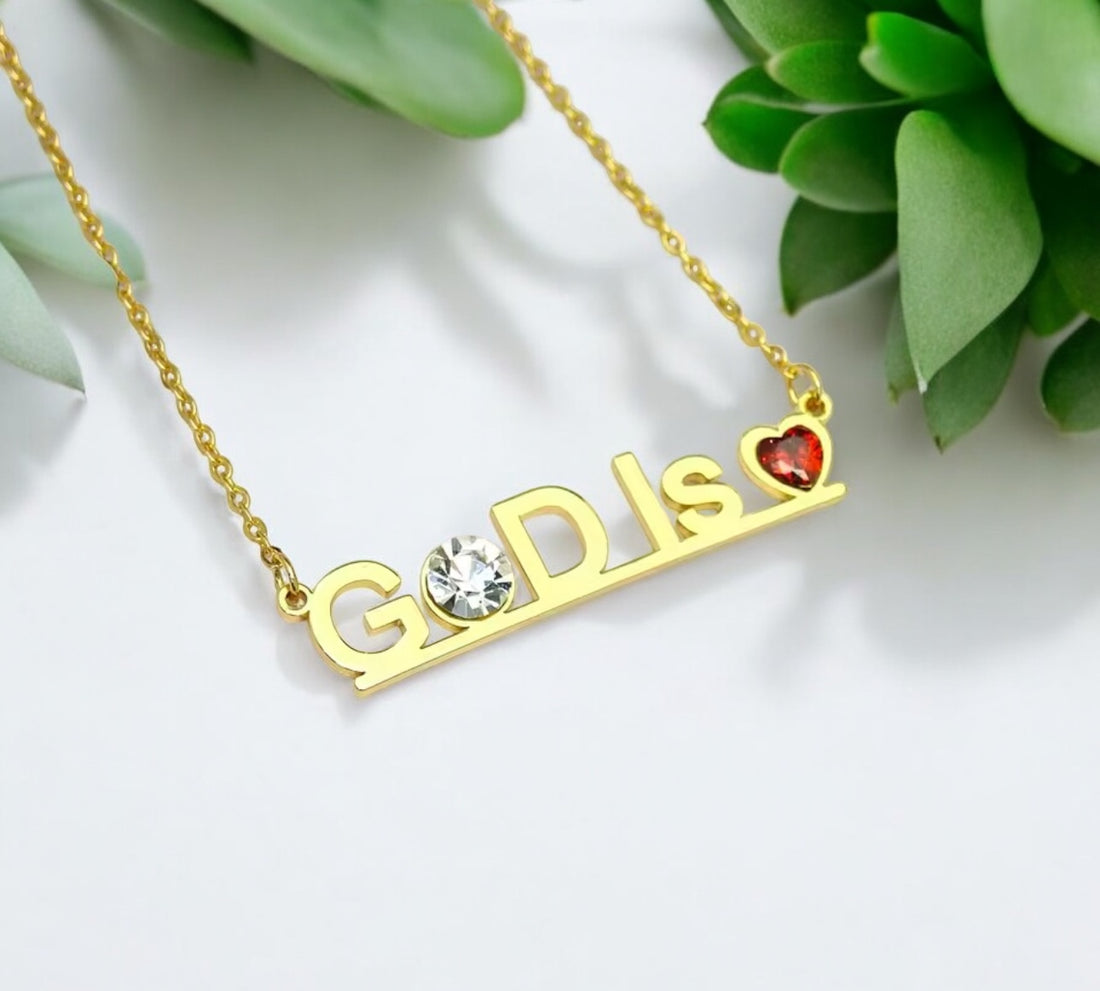 "God Is Love" 18K Gold Filled Necklace with CZ & Heart Gemstone – Faith-Inspired Jewelry
