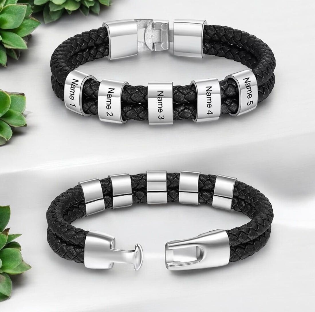 1-5 Personalized Braided Leather Bracelet – Custom Engraved Name Beads for Men
