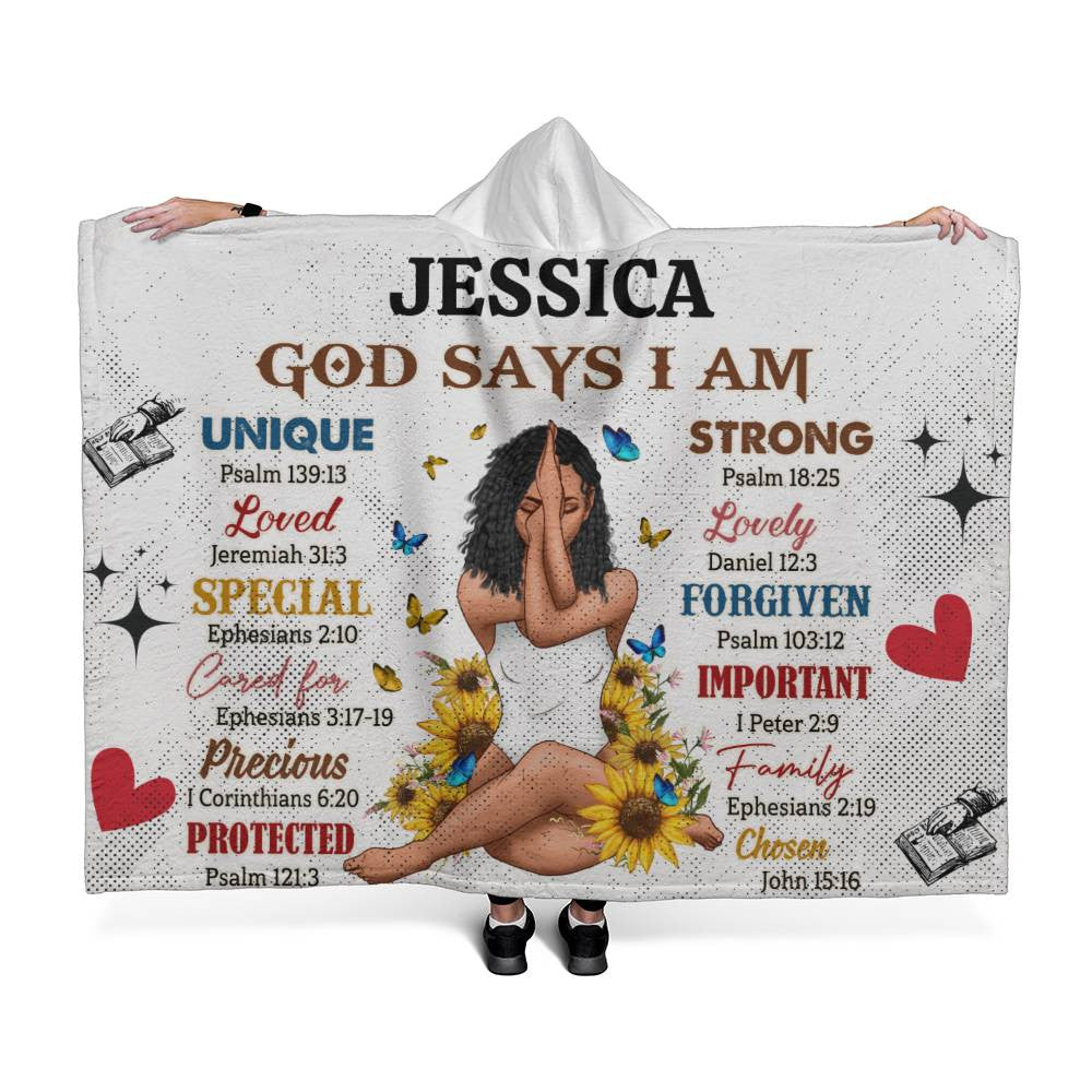 Personalized God Says I Am- Hooded Sherpa Fleece Blanket