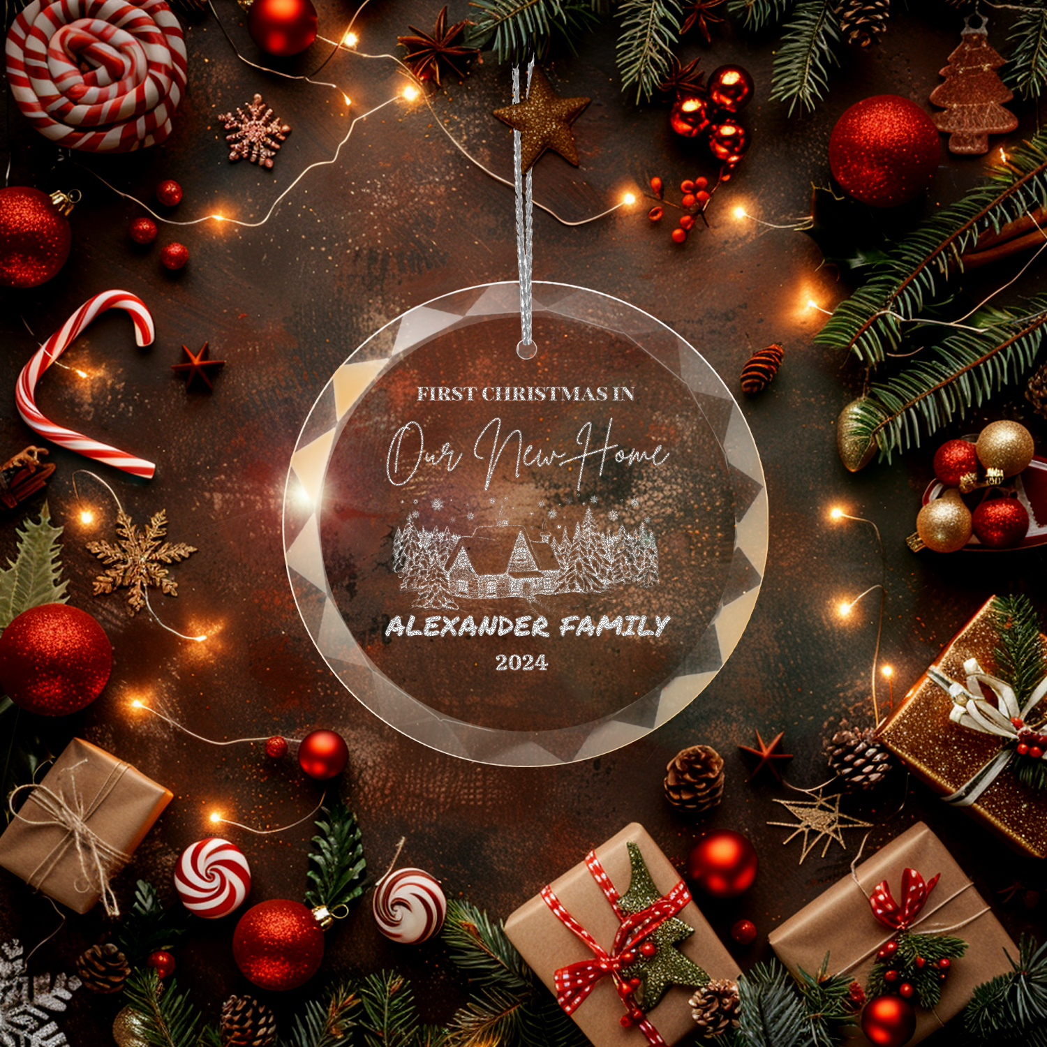 First Christmas In New Home Classic Elegance Round Glass Engraved Premium Ornament With Gift Box