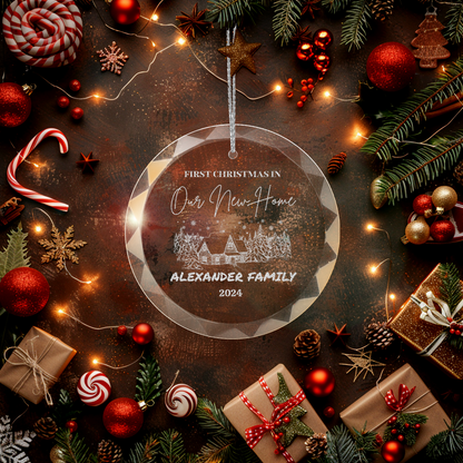 First Christmas In New Home Classic Elegance Round Glass Engraved Premium Ornament With Gift Box