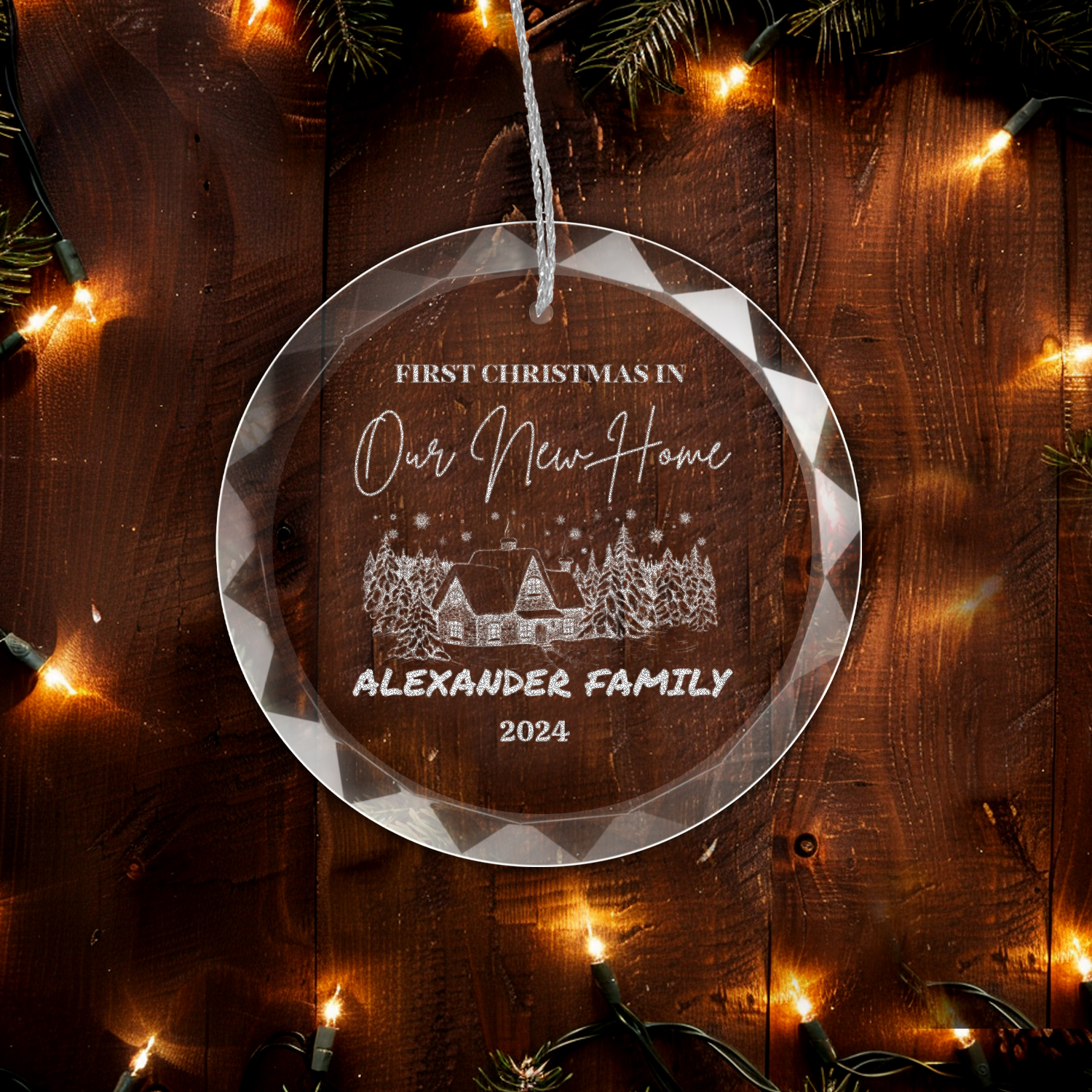 First Christmas In New Home Classic Elegance Round Glass Engraved Premium Ornament With Gift Box