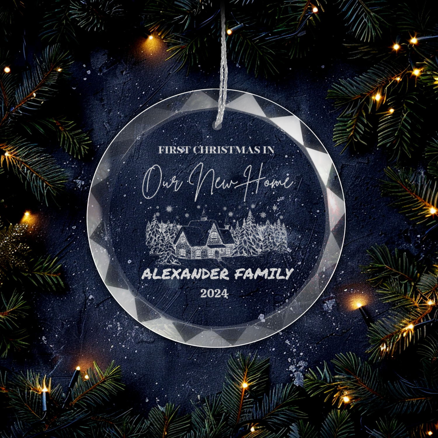 First Christmas In New Home Classic Elegance Round Glass Engraved Premium Ornament With Gift Box