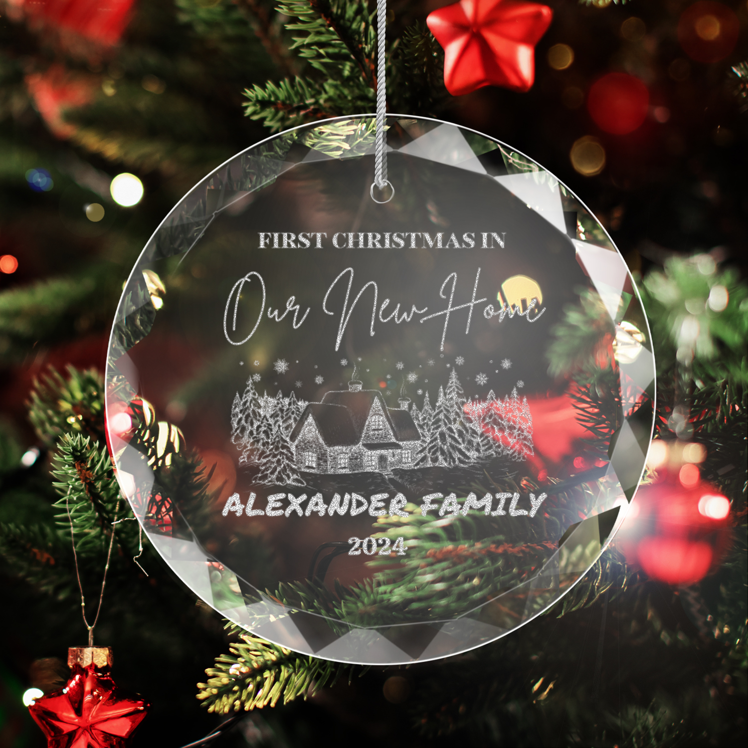 First Christmas In New Home Classic Elegance Round Glass Engraved Premium Ornament With Gift Box