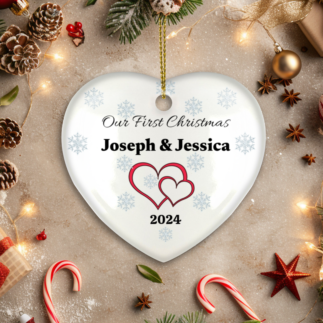 Personalized Couples First Christmas Classic Elegance Ceramic Heart Hanging Ornament With Gift Box