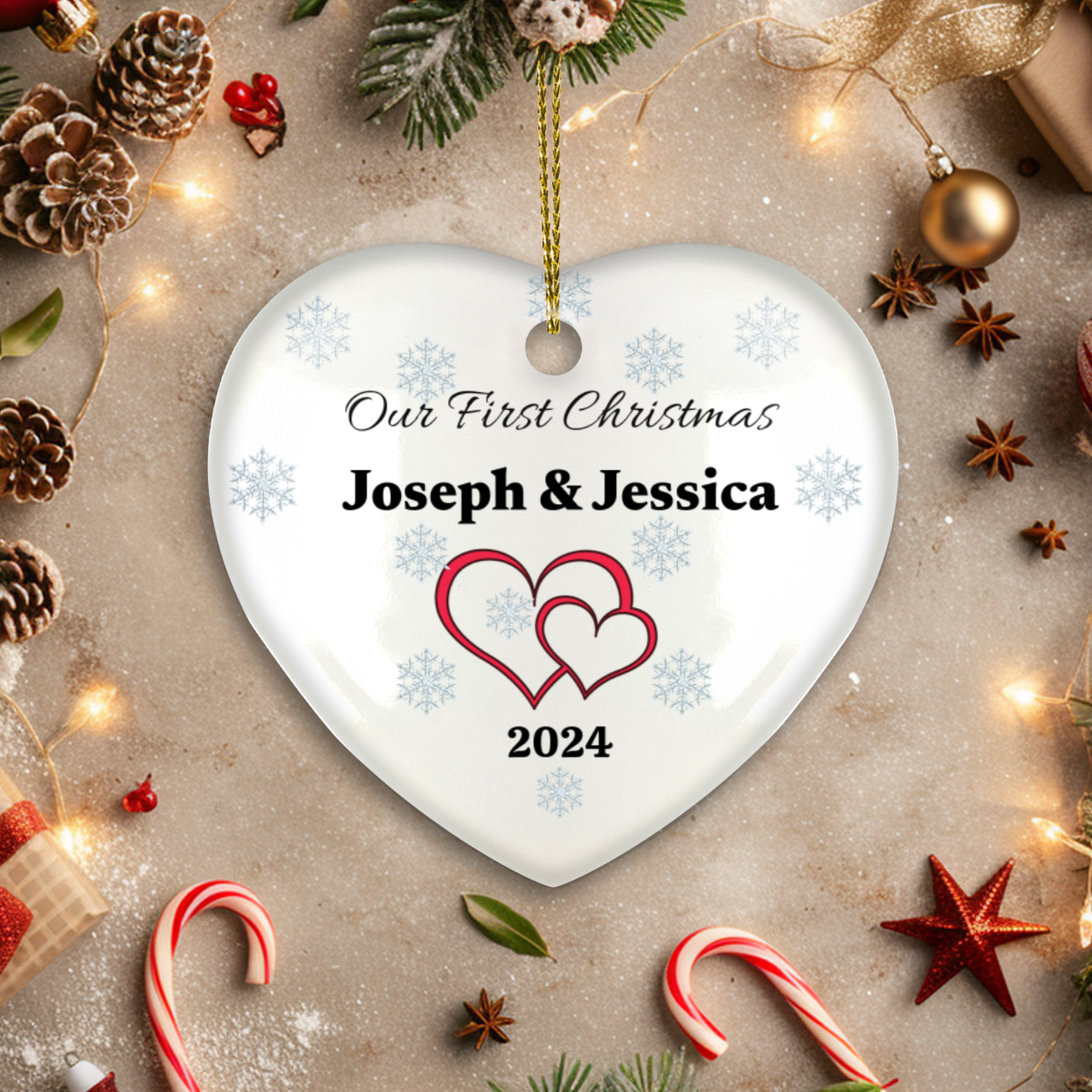 Personalized Couples First Christmas Classic Elegance Ceramic Heart Hanging Ornament With Gift Box