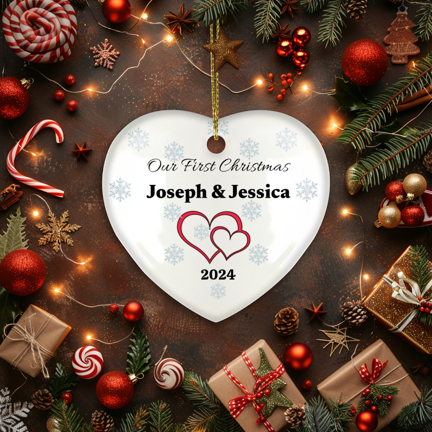 Personalized Couples First Christmas Classic Elegance Ceramic Heart Hanging Ornament With Gift Box